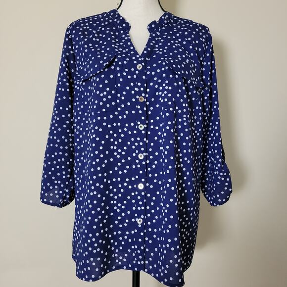 Notations L Tunic Top 3/4 Roll Tab Sleeve Stand Up V-Neck Polka Dot bBouse - Picture 1 of 15